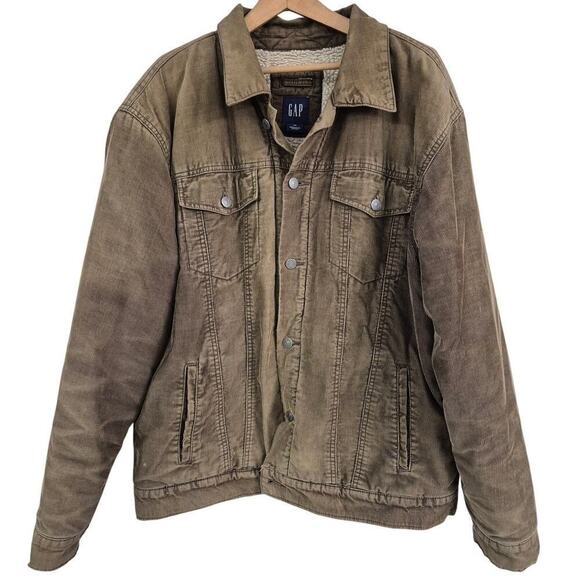 Gap Y2K VTG Brown Corduroy Fleece Lined Truckers Jacket Men Sz XL Distressed - Picture 1 of 7